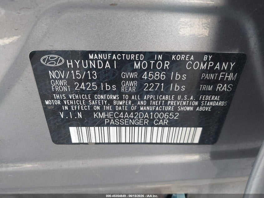 2013 HYUNDAI SONATA SEDAN 2.4L I-4 DOHC, VVT, 159HP