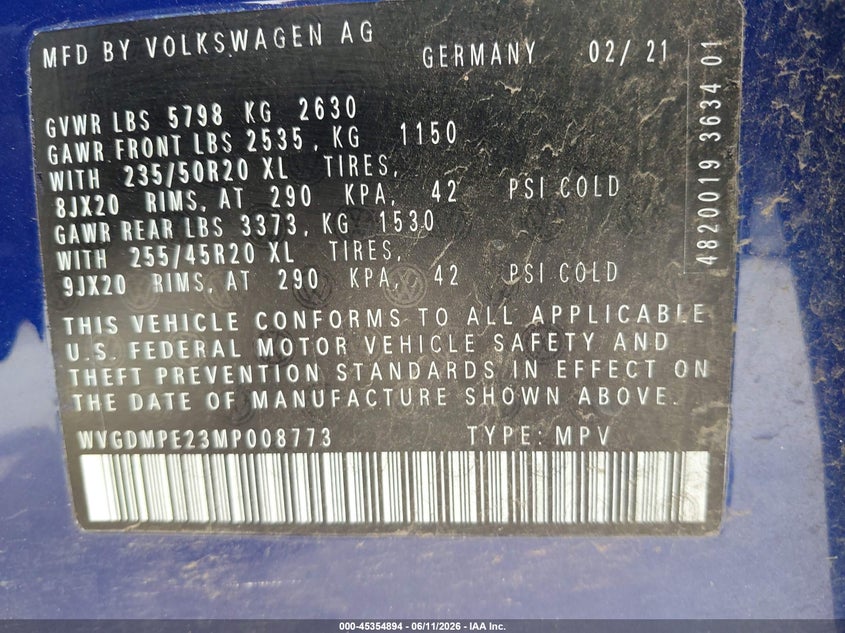 2021 Volkswagen Id.4 1St Edition VIN: WVGDMPE23MP008773 Lot: 45354894