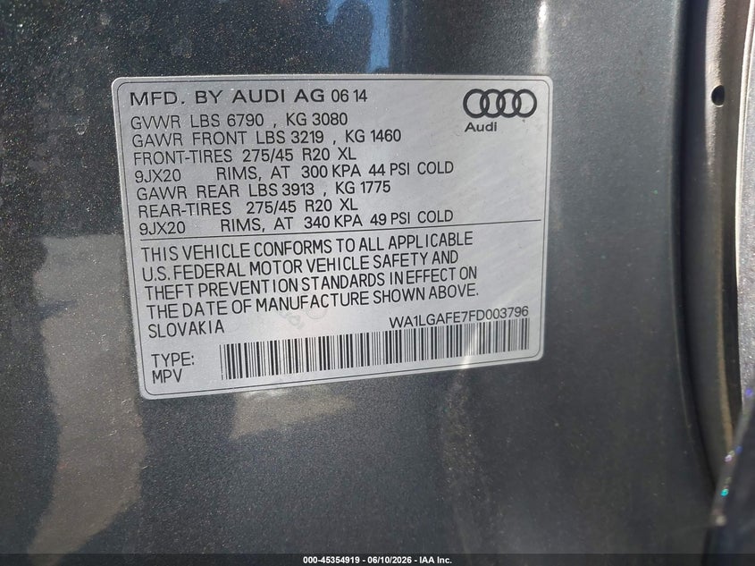 2015 Audi Q7 3.0T Premium VIN: WA1LGAFE7FD003796 Lot: 45354919