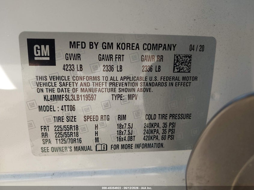 2020 Buick Encore Gx Fwd Essence VIN: KL4MMFSL3LB119597 Lot: 45354922