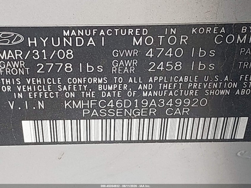 2009 Hyundai Azera Gls VIN: KMHFC46D19A349920 Lot: 45354932