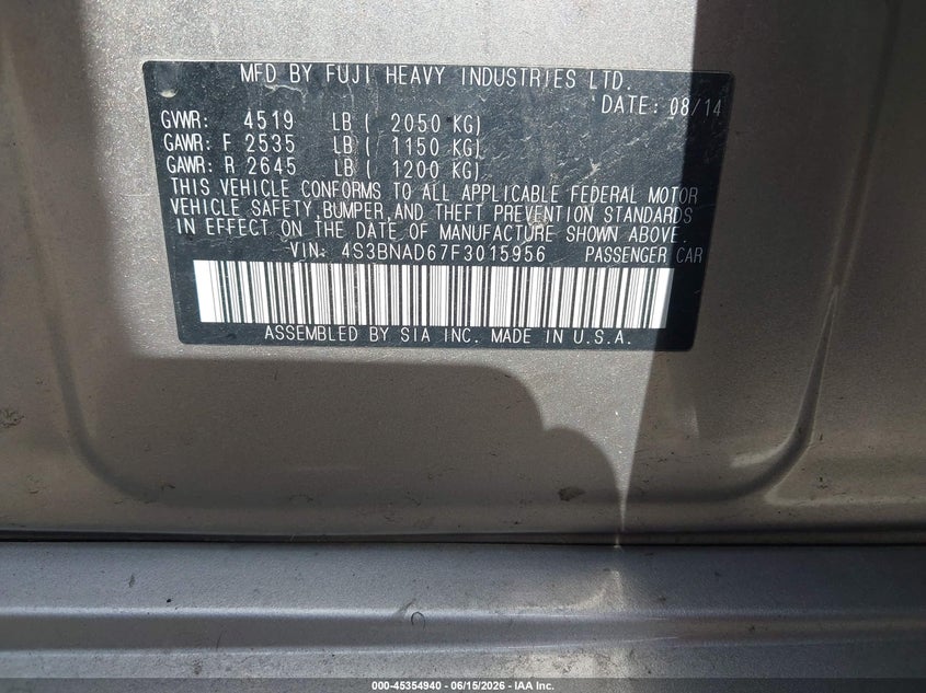 2015 Subaru Legacy 2.5I Premium VIN: 4S3BNAD67F3015956 Lot: 45354940