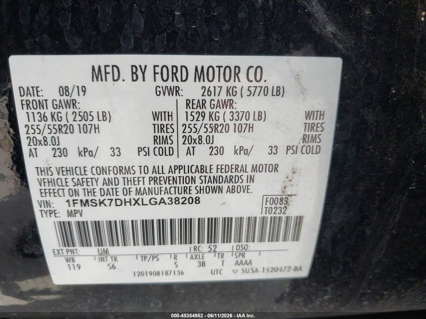 VIN 1FMSK7DHXLGA38208 2020 FORD EXPLORER XLT