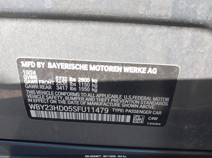 2025 BMW I4 Gran Coupe Edrive40 VIN: WBY23HD05SFU11479 Lot: 45354977