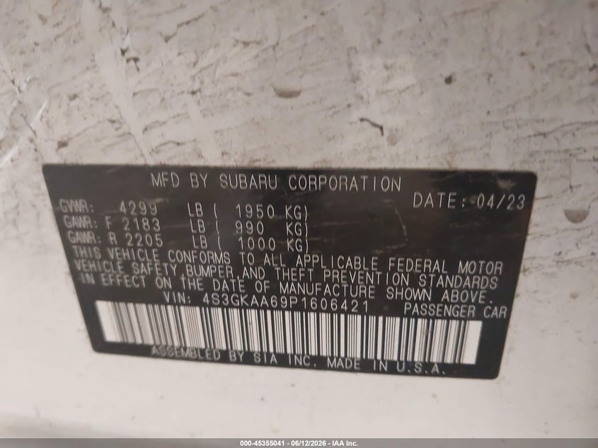VIN 4S3GKAA69P1606421 2023 SUBARU IMPREZA BASE