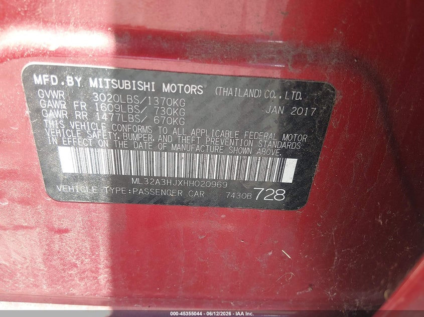 2017 Mitsubishi Mirage Es VIN: ML32A3HJXHH020969 Lot: 45355044