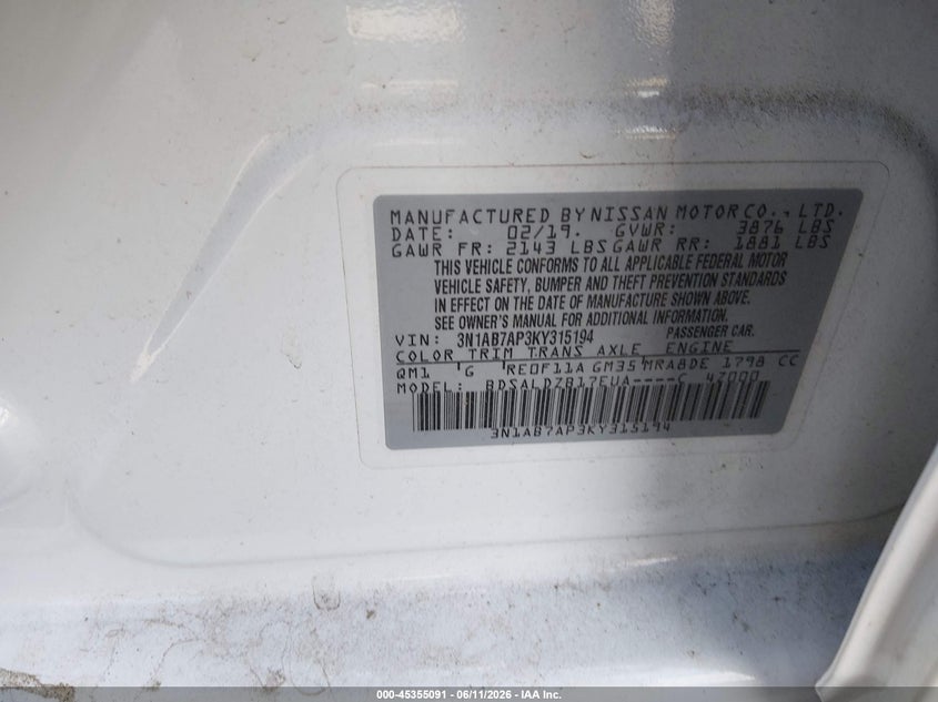 2019 Nissan Sentra Sv VIN: 3N1AB7AP3KY315194 Lot: 45355091