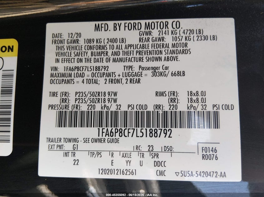VIN 1FA6P8CF7L5188792 2020 FORD MUSTANG GT FASTBACK