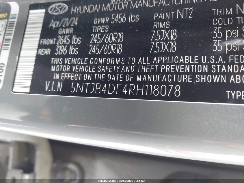 2024 Hyundai Santa Cruz Sel VIN: 5NTJB4DE4RH118078 Lot: 45355106