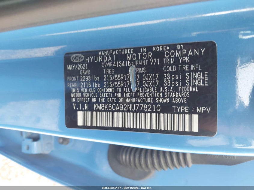2022 Hyundai Kona Sel VIN: KM8K6CAB2NU778210 Lot: 45355157