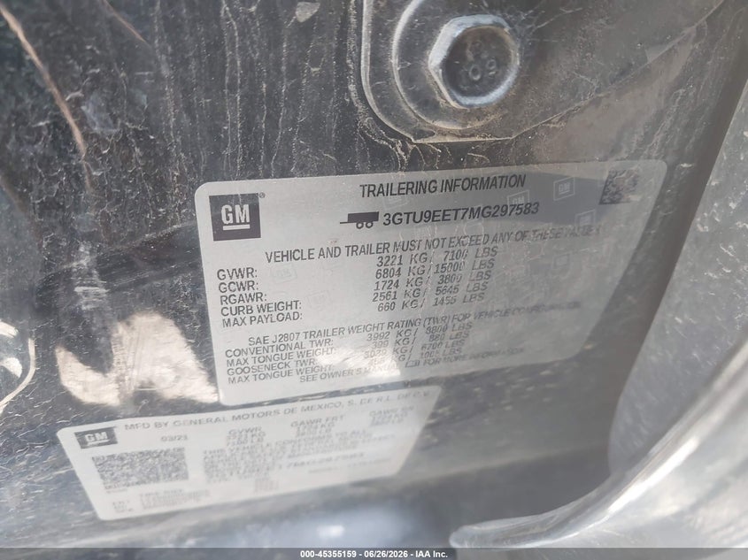 GMC SIERRA 1500 2021 VIN 3GTU9EET7MG297583