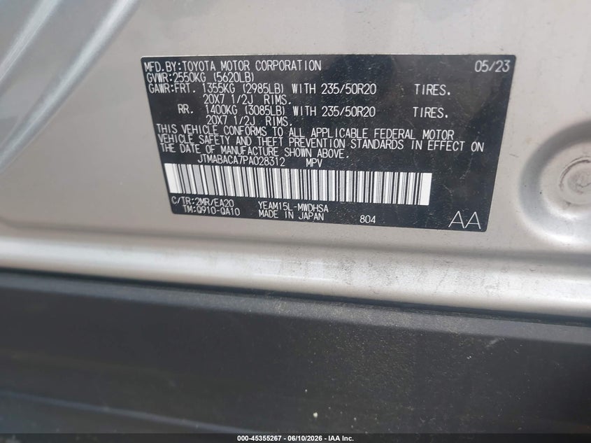 2023 Toyota Bz4X Limited VIN: JTMABACA7PA028312 Lot: 45355267