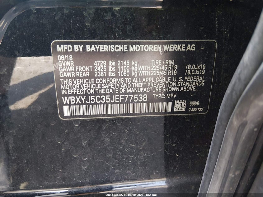 2018 BMW X2 xDrive28I VIN: WBXYJ5C35JEF77538 Lot: 45355275