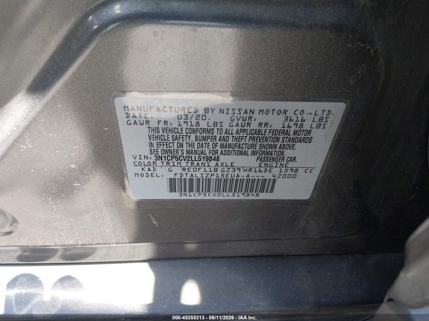 2020 Nissan Kicks Sv Xtronic Cvt VIN: 3N1CP5CV2LL519848 Lot: 45355313