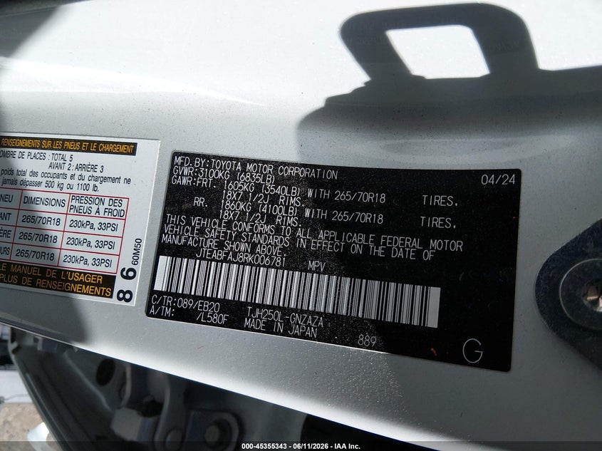 2024 Toyota Land Cruiser Base VIN: JTEABFAJ8RK006781 Lot: 45355343