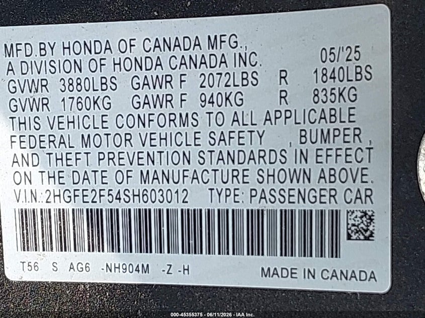 2025 HONDA CIVIC SEDAN 2.0L I-4 DI, DOHC, VVT, 150HP