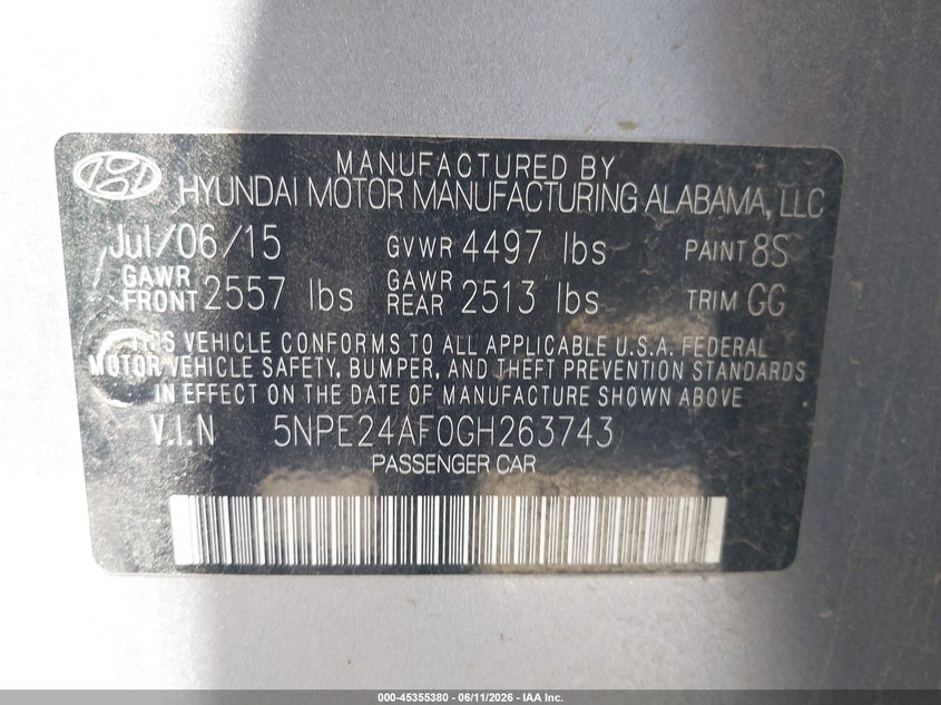 2016 Hyundai Sonata Se VIN: 5NPE24AF0GH263743 Lot: 45355380