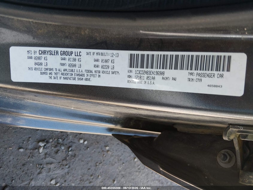 2014 Dodge Avenger Se VIN: 1C3CDZAB3EN196908 Lot: 45355386