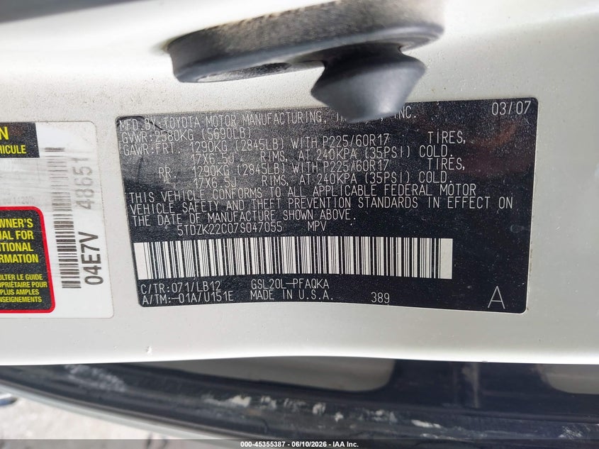 2007 Toyota Sienna Xle VIN: 5TDZK22C07S047055 Lot: 45355387