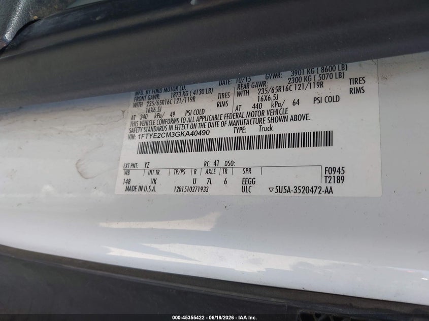 FORD TRANSIT-150 2016 VIN 1FTYE2CM3GKA40490