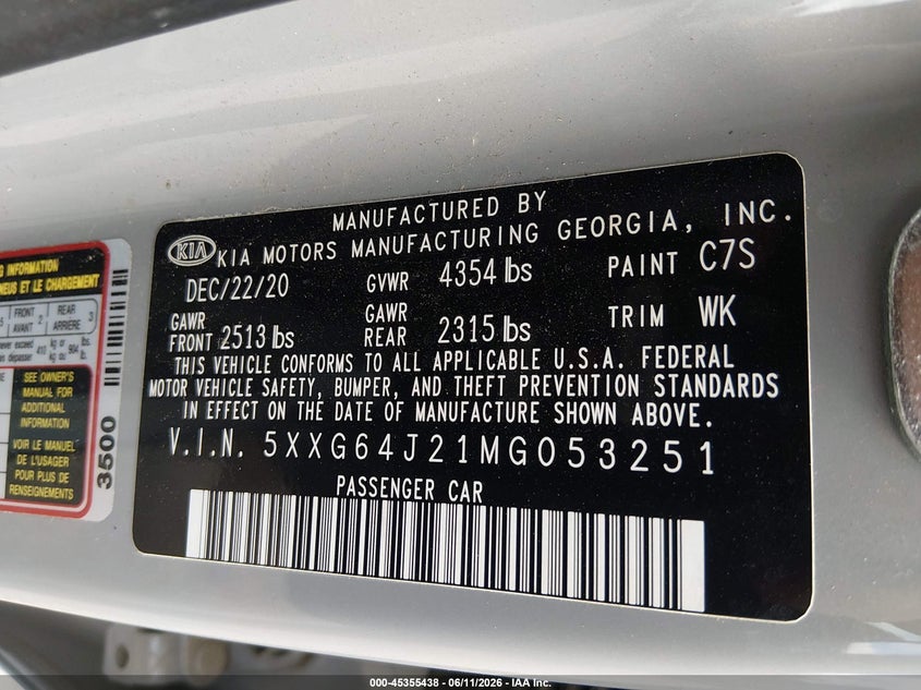 2021 Kia K5 Gt-Line VIN: 5XXG64J21MG053251 Lot: 45355438