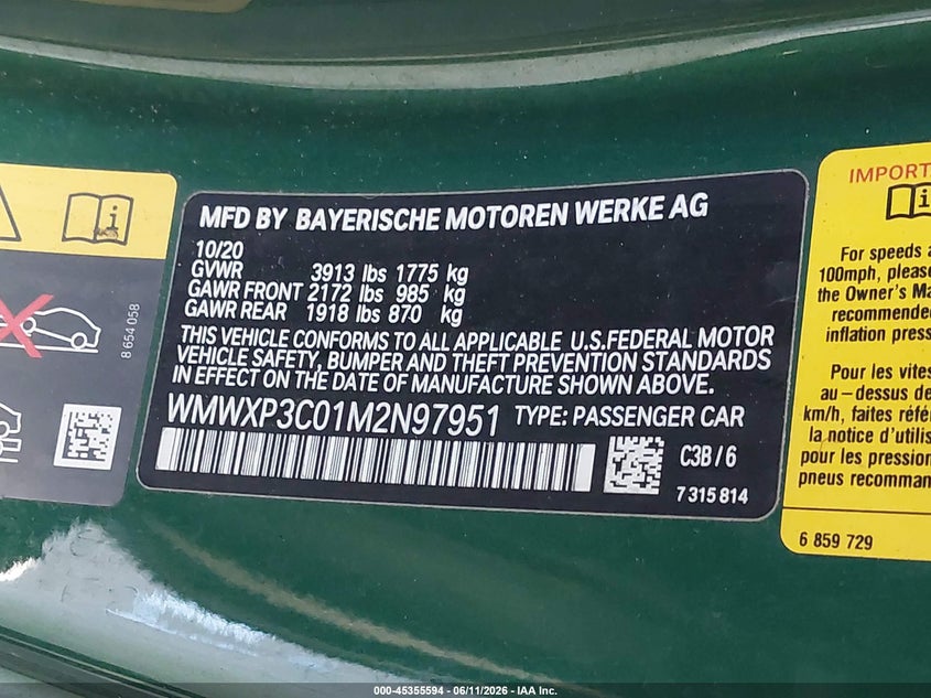 2021 Mini Se Hardtop Cooper VIN: WMWXP3C01M2N97951 Lot: 45355594