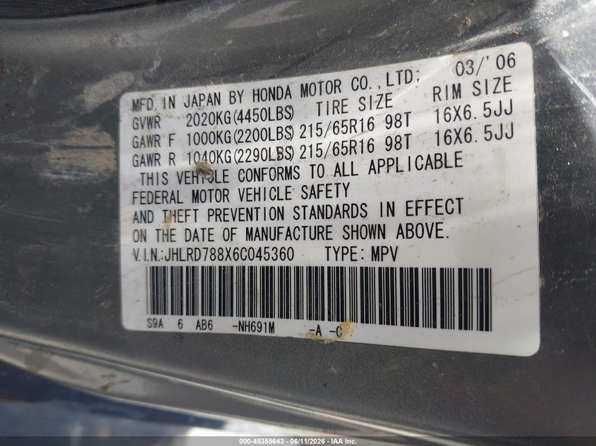 2006 HONDA CR-V SPORT UTILITY VEHICLE 2.4L I-4 DOHC, VVT, 156HP