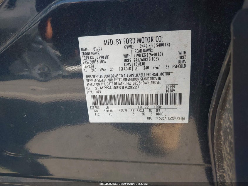 VIN 2FMPK4J98NBA29227 2022 FORD EDGE SEL