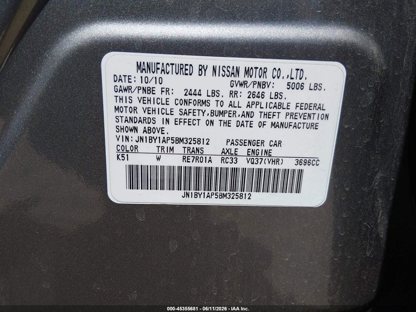 INFINITI M37 2011 VIN JN1BY1AP5BM325812