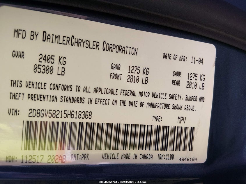 2005 Dodge Magnum Rt VIN: 2D8GV58215H618368 Lot: 45355741