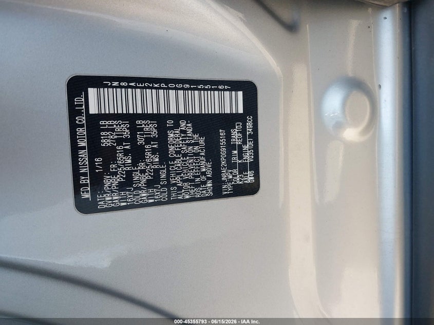 2016 Nissan Quest Platinum/S/Sl/Sv VIN: JN8AE2KP0G9155167 Lot: 45355793
