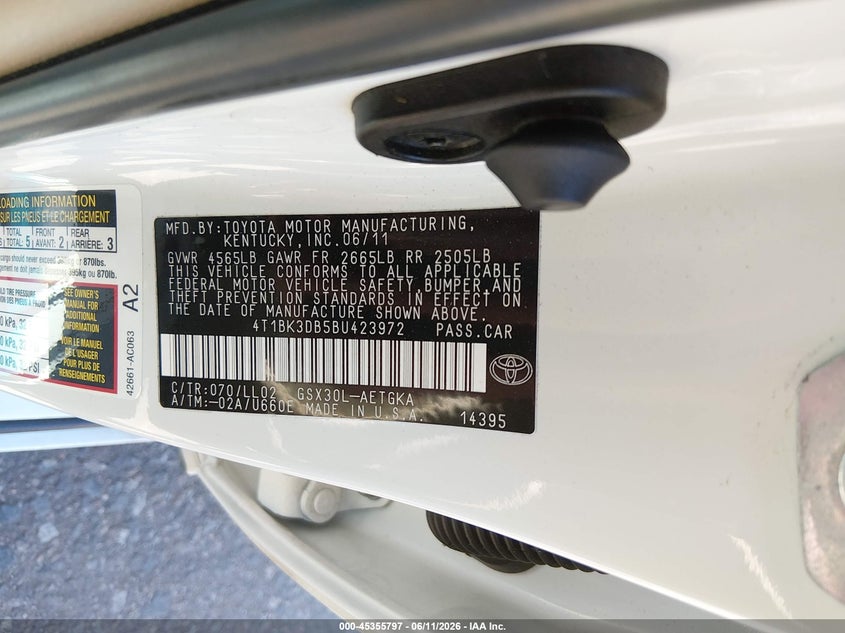 2011 Toyota Avalon VIN: 4T1BK3DB5BU423972 Lot: 45355797