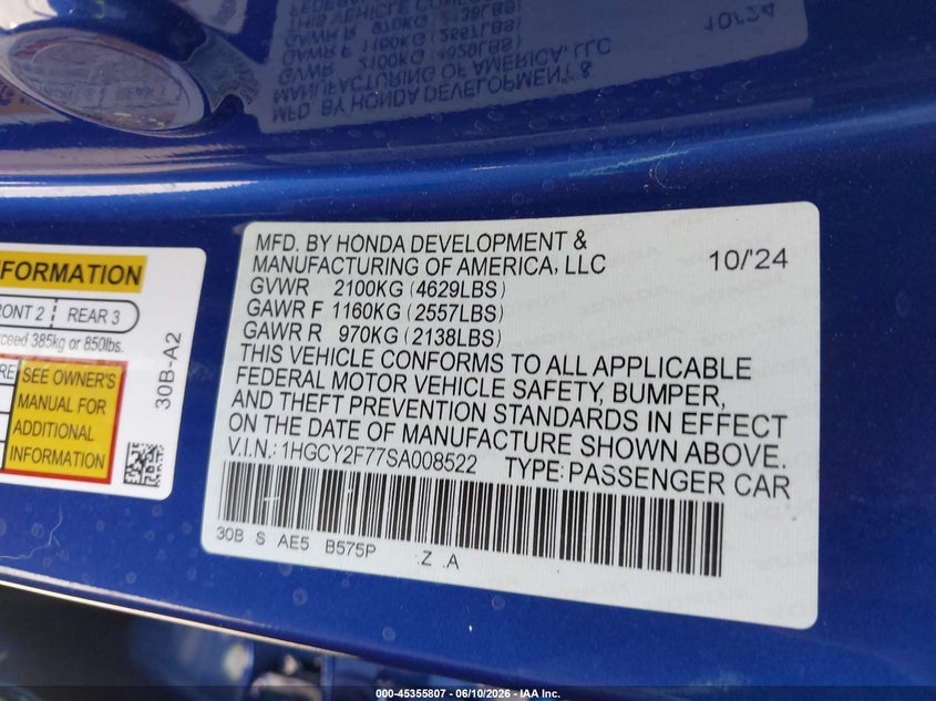 VIN: 1HGCY2F77SA008522 2025 HONDA ACCORD HYBRID SPORT-L