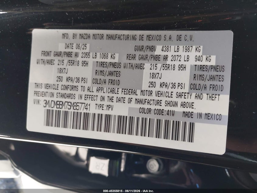 2025 Mazda Cx-30 2.5 S Select Sport VIN: 3MVDMBBM7SM857741 Lot: 45355815
