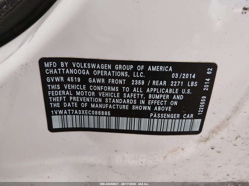 2014 Volkswagen Passat 1.8T Wolfsburg Edition VIN: 1VWAT7A3XEC086885 Lot: 45355821