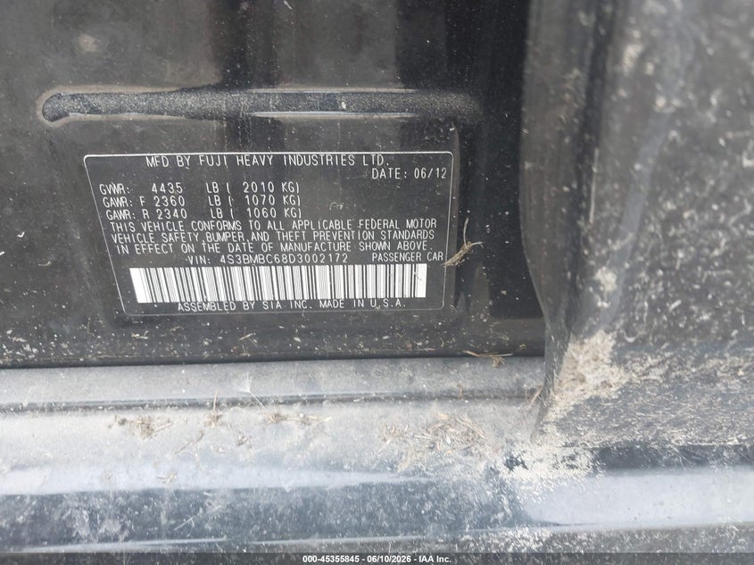 SUBARU LEGACY 2013 VIN 4S3BMBC68D3002172