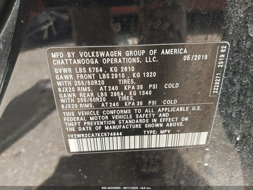 2019 Volkswagen Atlas 3.6L V6 Se W/Technology VIN: 1V2WR2CA7KC574644 Lot: 45355869