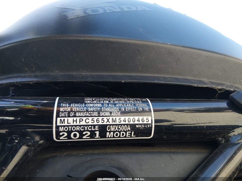 2021 Honda Cmx500 A VIN: MLHPC565XM5400465 Lot: 45355902