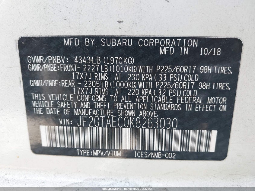 2019 SUBARU CROSSTREK 2.0I PREMIUM — Фото 9