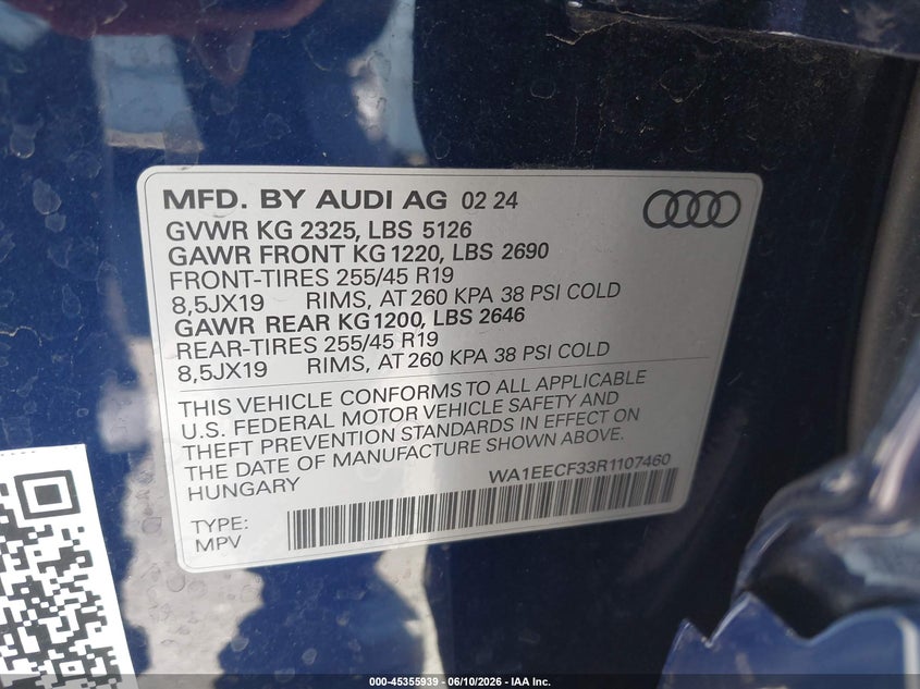 2024 Audi Q3 Premium Plus 45 Tfsi S Line Quattro Tiptronic VIN: WA1EECF33R1107460 Lot: 45355939