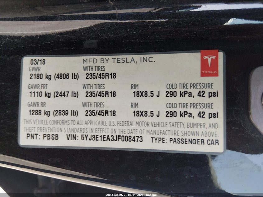 TESLA MODEL 3 2018 VIN 5YJ3E1EA3JF008473
