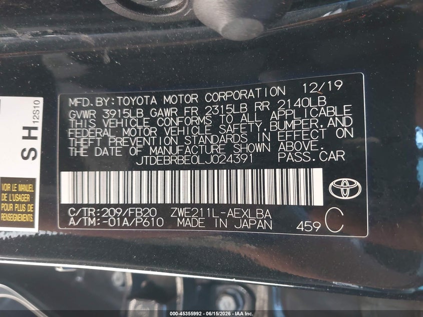 2020 TOYOTA COROLLA SEDAN 1.8L I-4 DOHC, VVT, 96HP