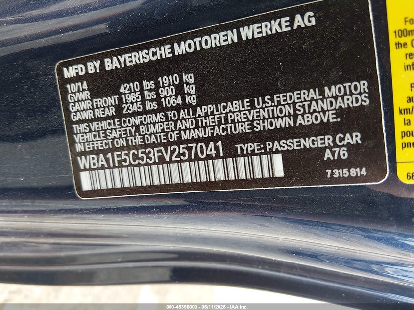 2015 BMW 228I VIN: WBA1F5C53FV257041 Lot: 45356000