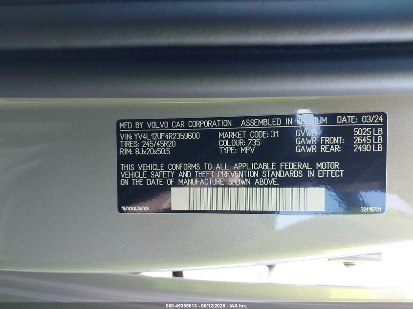 2024 Volvo Xc40 B5 Ultimate Bright Theme VIN: YV4L12UF4R2359600 Lot: 45356013