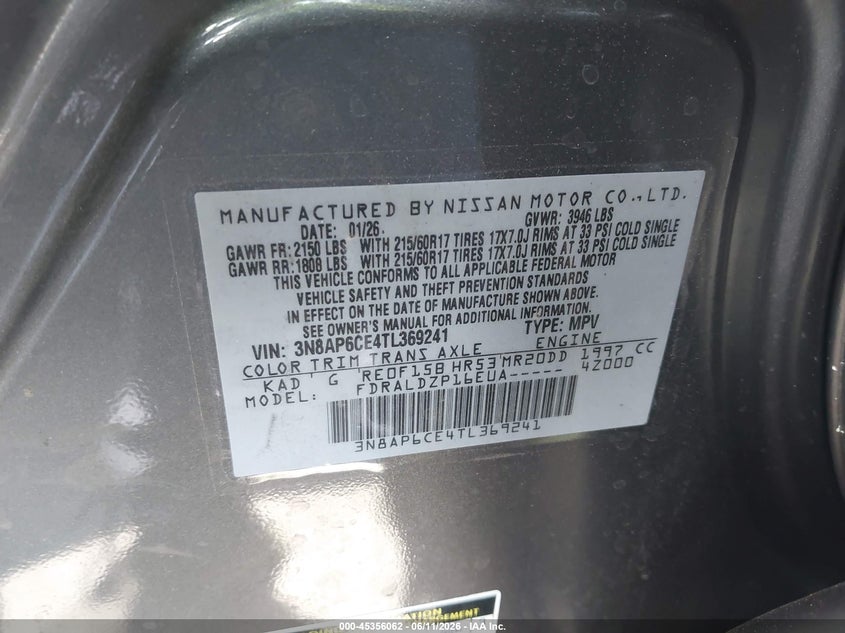 2026 Nissan Kicks Sv VIN: 3N8AP6CE4TL369241 Lot: 45356062