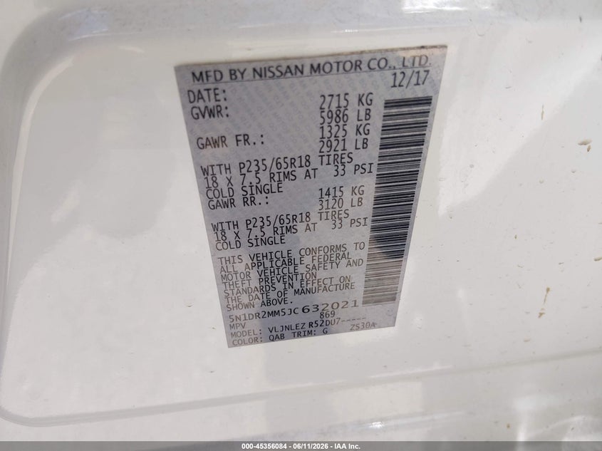 NISSAN PATHFINDER 2018 VIN 5N1DR2MM5JC632021