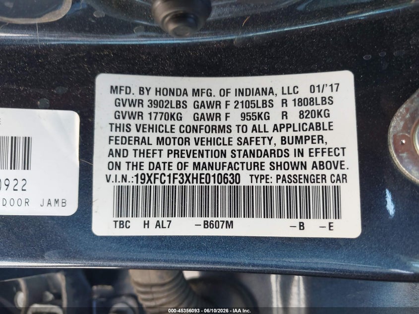 2017 HONDA CIVIC SEDAN 1.5L I-4 DI, DOHC, VVT, TURBO, 174HP