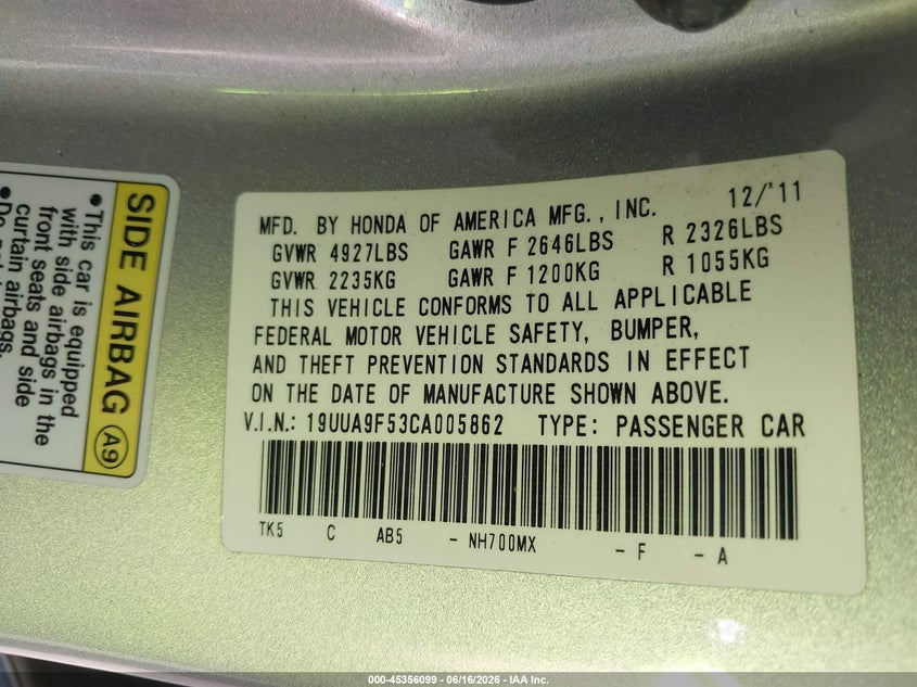 2012 Acura Tl 3.7 VIN: 19UUA9F53CA005862 Lot: 45356099
