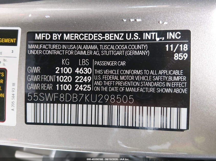 2019 Mercedes-Benz C 300 VIN: 55SWF8DB7KU298505 Lot: 45356166