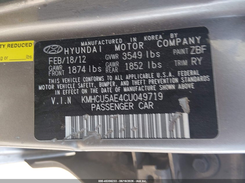 HYUNDAI ACCENT 2012 VIN KMHCU5AE4CU049719